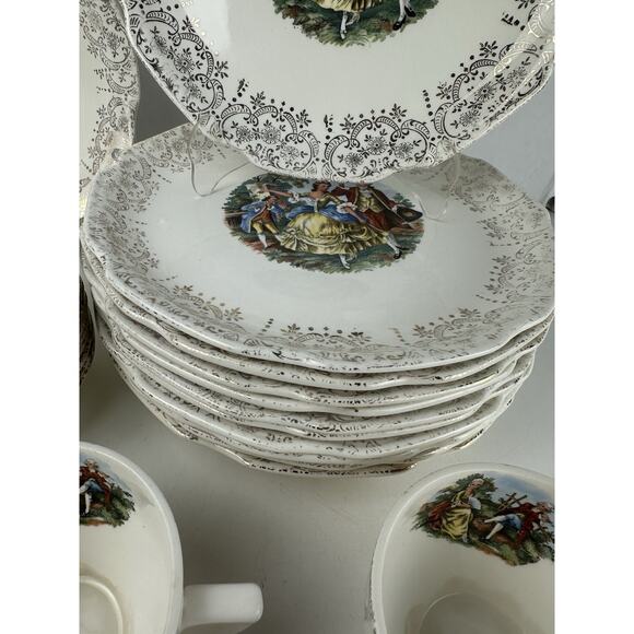 (Set of 28 PCS)-French Saxon China~UNION Made U.S.A.~22 KT Gold Cottage Set - Picture 2 of 10